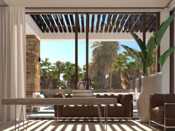 Visualisatie van de zithoek met bruine fauteuils, grote ramen en zonlicht door de pergola.