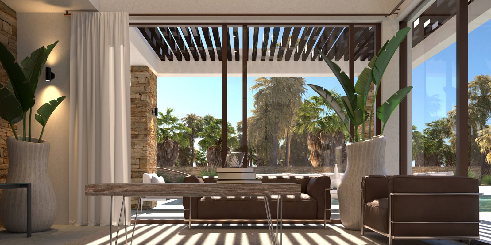 Visualisatie van de zithoek met bruine fauteuils, grote ramen en zonlicht door de pergola.