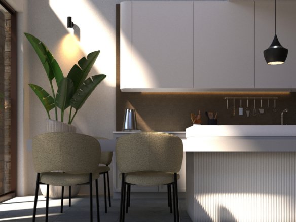 Visualisatie van de moderne witte keuken met keukeneiland, inbouwapparatuur en een aangrenzende eethoek.