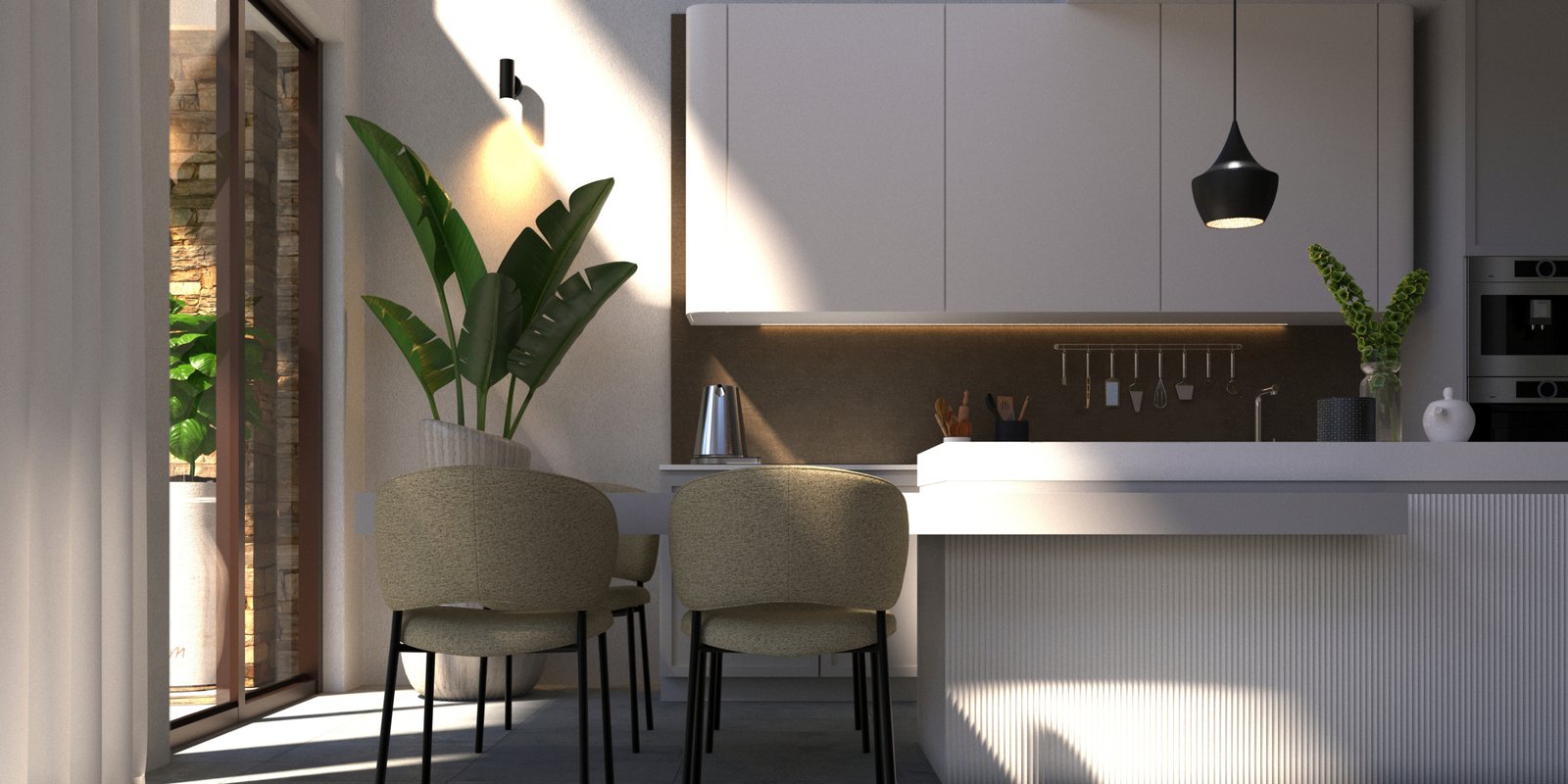 Visualisatie van de moderne witte keuken met keukeneiland, inbouwapparatuur en een aangrenzende eethoek.