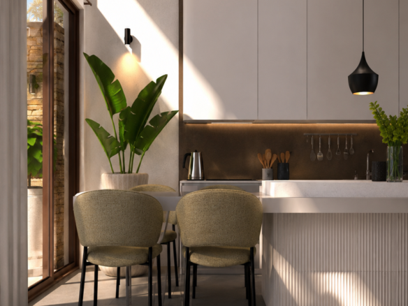 Visualisatie van de open keuken met witte kasten, een zwarte hanglamp en een eethoek naast de hoge ramen.