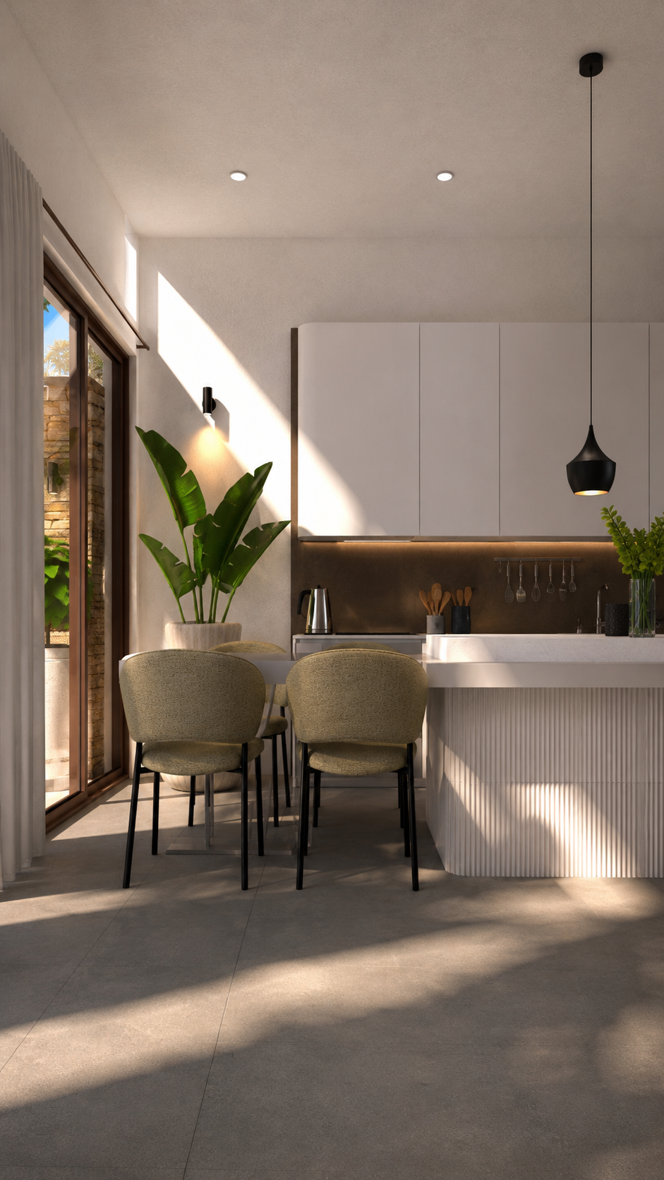 Visualisatie van de open keuken met witte kasten, een zwarte hanglamp en een eethoek naast de hoge ramen.