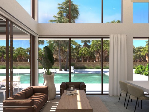 Visualisatie van de woonkamer met dubbelhoog plafond en zwembadzicht in een nieuwbouwvilla in La Manga.