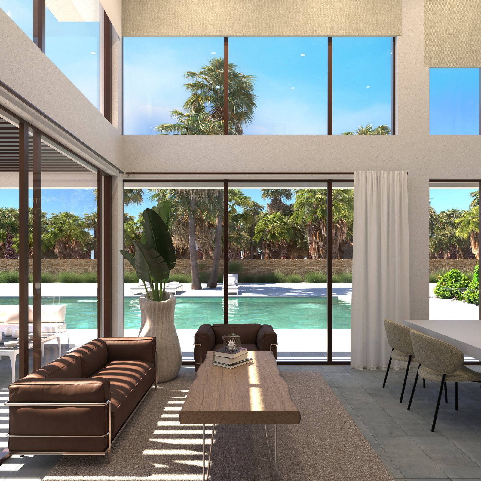 Visualisatie van de woonkamer met dubbelhoog plafond en zwembadzicht in een nieuwbouwvilla in La Manga.