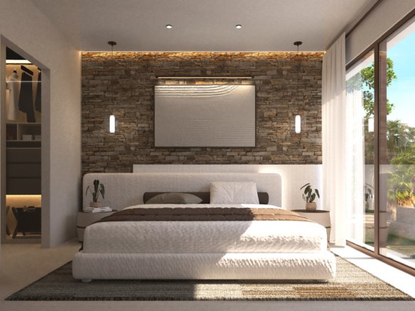 Visualisatie van de hoofdslaapkamer met tweepersoonsbed, stenen accentwand en een glazen pui naar het balkon.