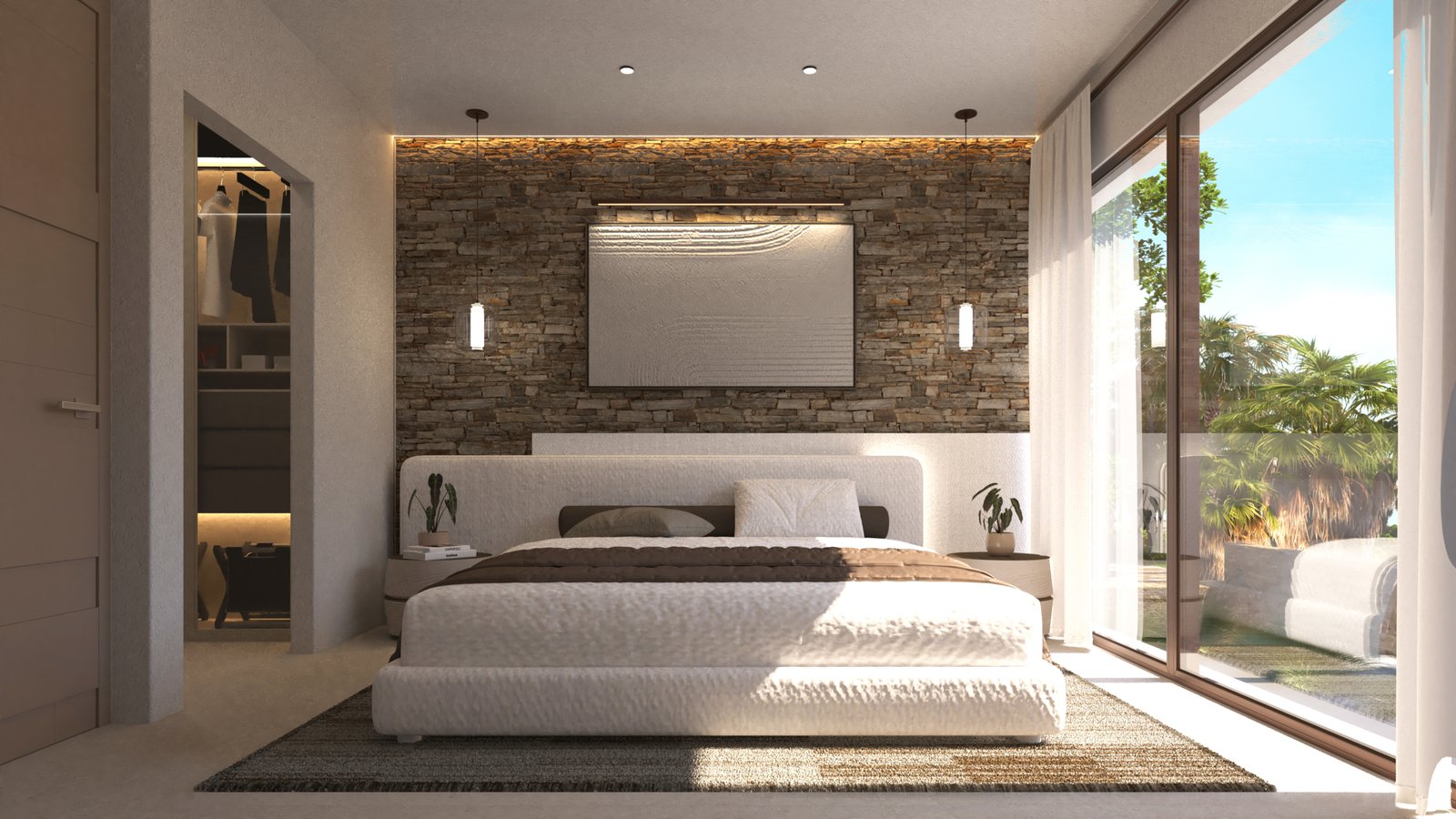Visualisatie van de hoofdslaapkamer met tweepersoonsbed, stenen accentwand en een glazen pui naar het balkon.
