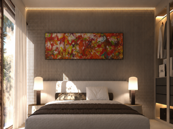 Nieuwbouwvilla in La Manga: visualisatie van een slaapkamer met tweepersoonsbed, verlichte kasten en een accentwand.