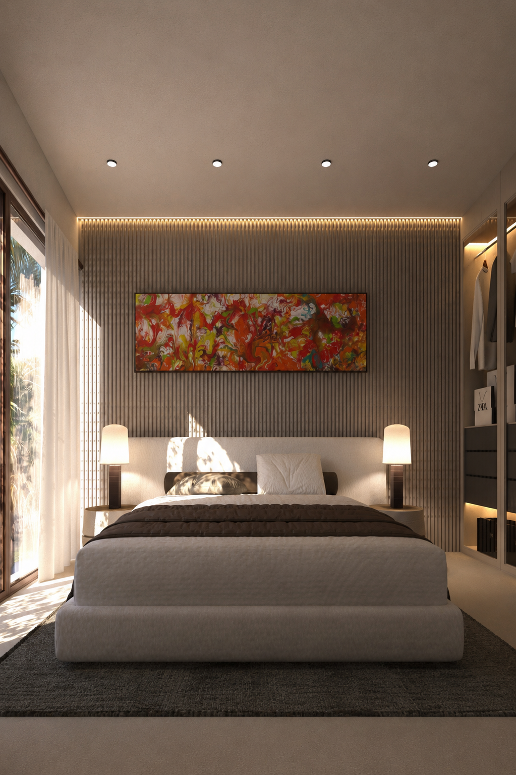 Nieuwbouwvilla in La Manga: visualisatie van een slaapkamer met tweepersoonsbed, verlichte kasten en een accentwand.