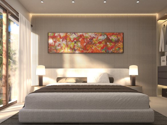 Nieuwbouwvilla in La Manga: visualisatie van een lichte slaapkamer met grote ramen en uitzicht op palmbomen.