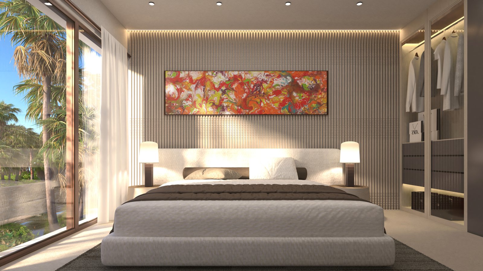 Nieuwbouwvilla in La Manga: visualisatie van een lichte slaapkamer met grote ramen en uitzicht op palmbomen.