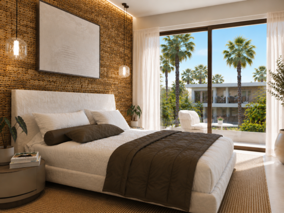 Nieuwbouwvilla in La Manga: visualisatie van een slaapkamer met stenen accentwand en een balkon met zithoek.