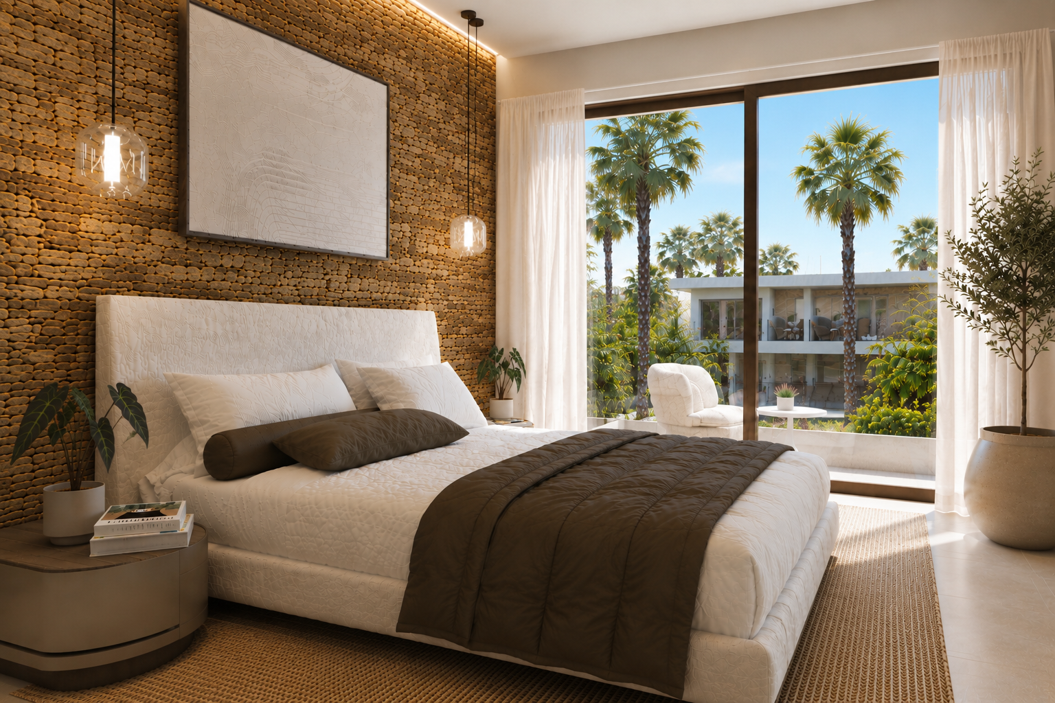 Nieuwbouwvilla in La Manga: visualisatie van een slaapkamer met stenen accentwand en een balkon met zithoek.
