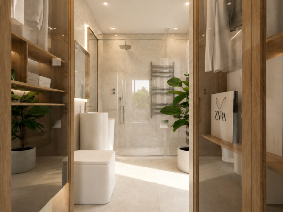 Nieuwbouwvilla in La Manga: visualisatie van een kleedruimte met glazen kastdeuren en een aansluitende badkamer.