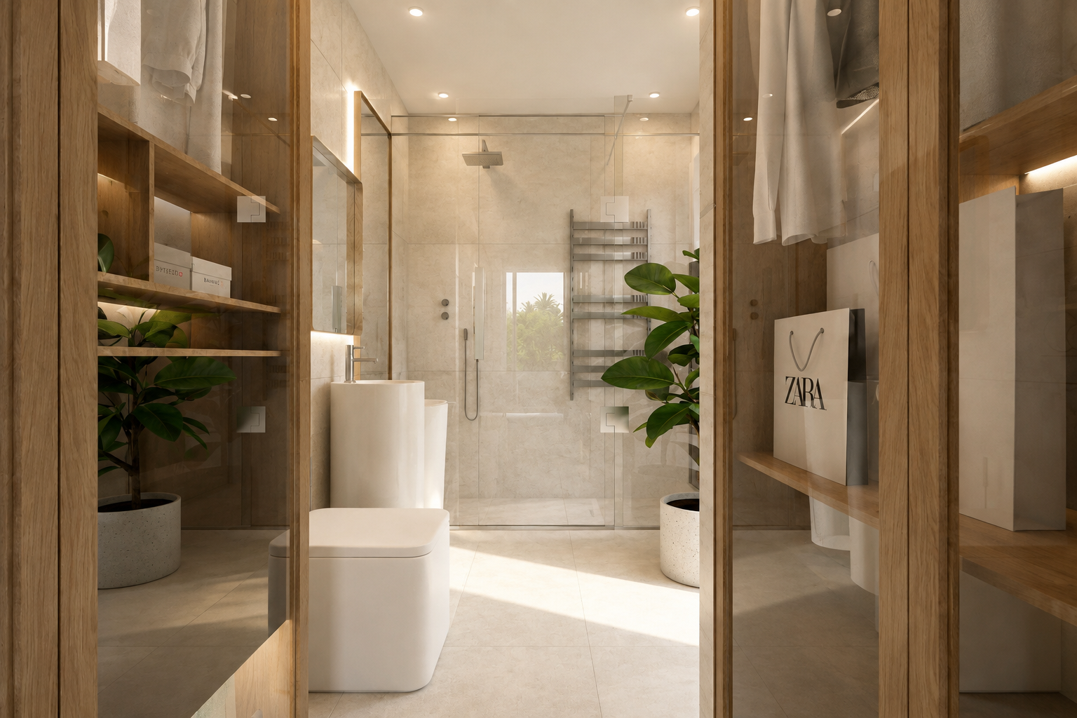 Nieuwbouwvilla in La Manga: visualisatie van een kleedruimte met glazen kastdeuren en een aansluitende badkamer.
