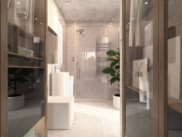 Nieuwbouwvilla in La Manga: visualisatie van een badkamer met regendouche, glazen douchewand en witte wastafels.