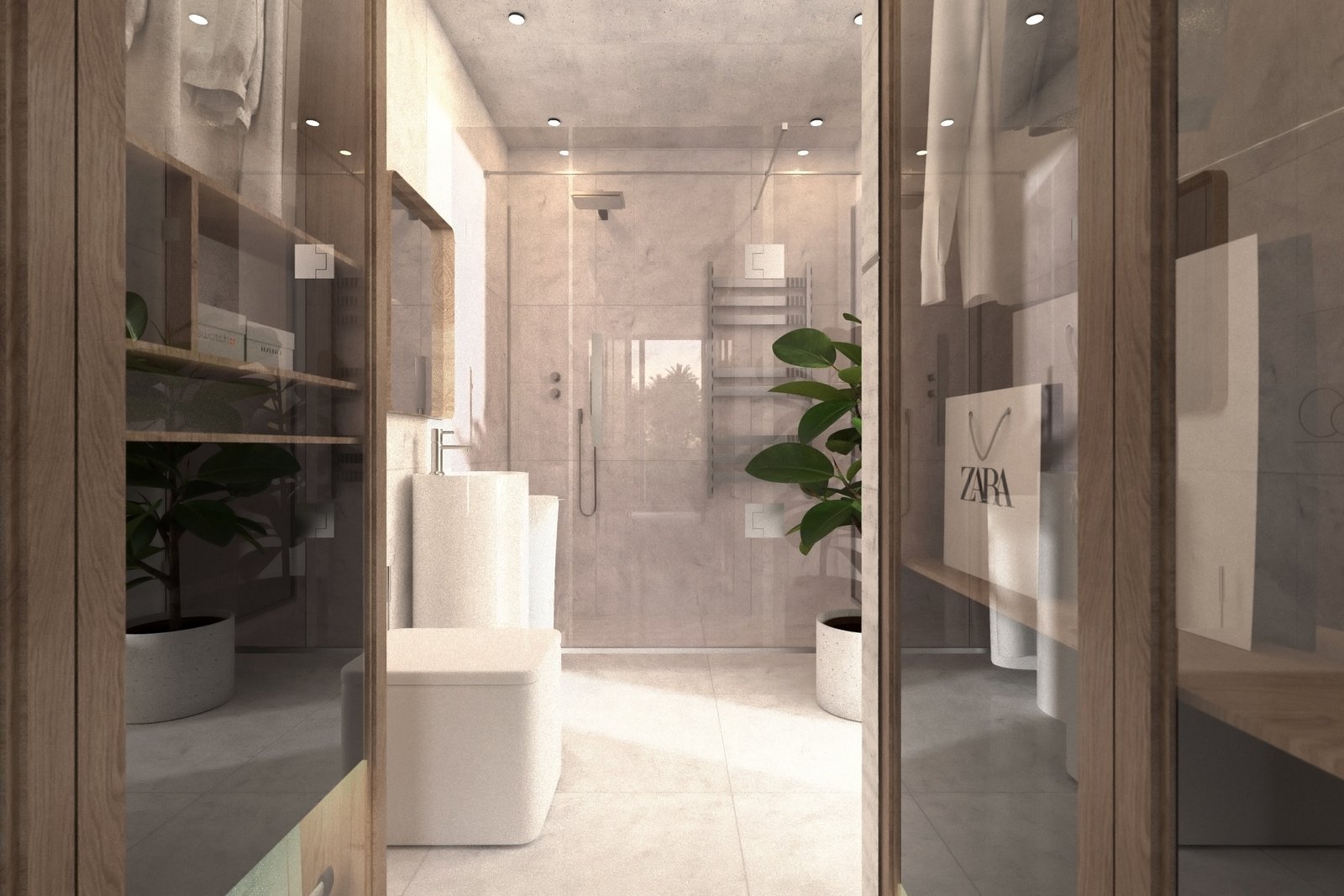 Nieuwbouwvilla in La Manga: visualisatie van een badkamer met regendouche, glazen douchewand en witte wastafels.