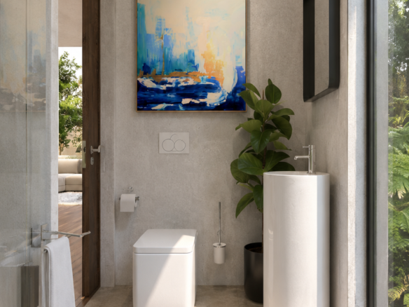 Nieuwbouwvilla in La Manga: visualisatie van een badkamer met vrijstaande wastafel, toilet en een hoog raam.