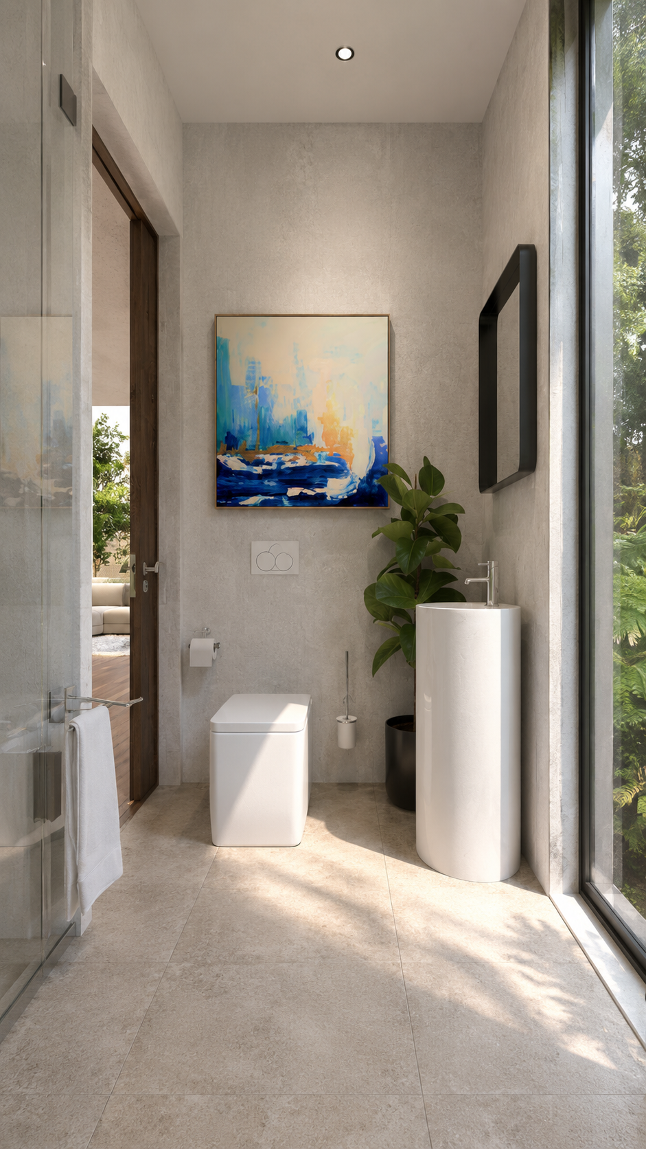 Nieuwbouwvilla in La Manga: visualisatie van een badkamer met vrijstaande wastafel, toilet en een hoog raam.