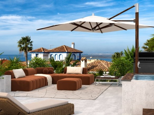 Nieuwbouwvilla in La Manga: visualisatie van een dakterras met loungehoek, grote parasol en uitzicht op het water.