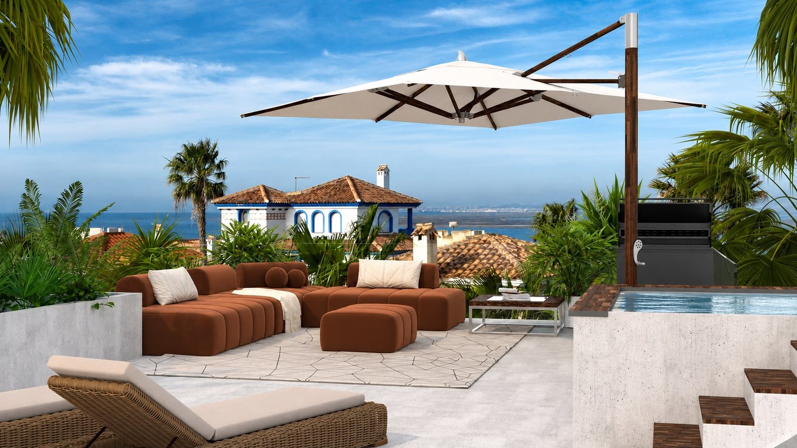 Nieuwbouwvilla in La Manga: visualisatie van een dakterras met loungehoek, grote parasol en uitzicht op het water.