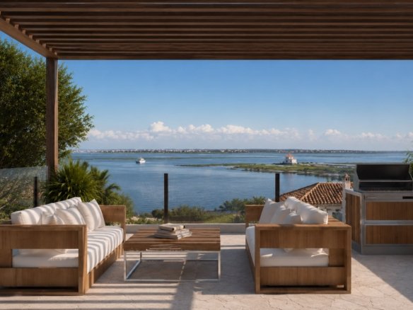 Nieuwbouwvilla in La Manga: visualisatie van een overdekt terras met loungeset, barbecue en uitzicht op het water.