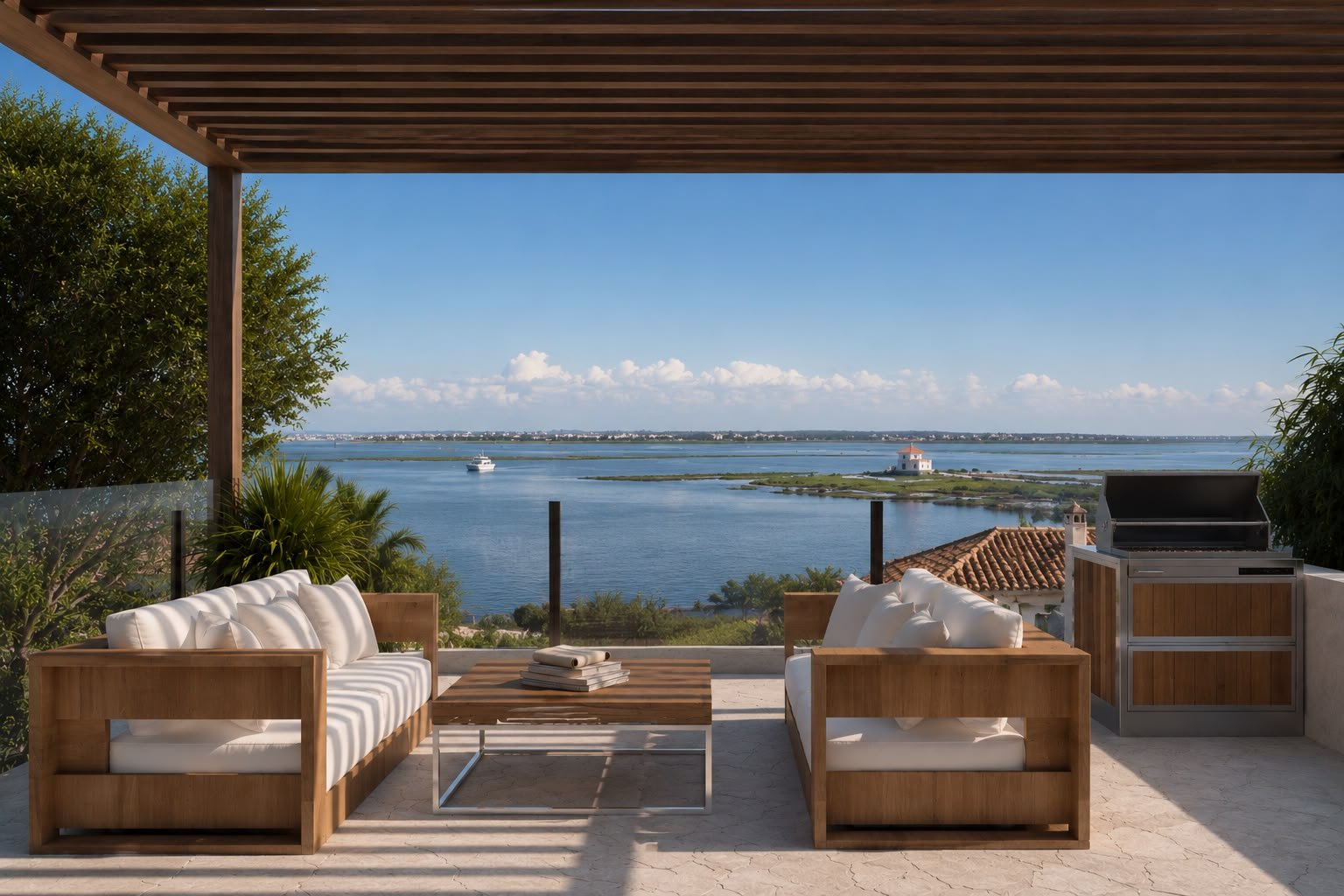 Nieuwbouwvilla in La Manga: visualisatie van een overdekt terras met loungeset, barbecue en uitzicht op het water.