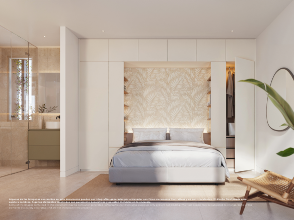 Impressie van een slaapkamer met inbouwkasten en aangrenzende badkamer in een villa op El Valle Golf Resort.