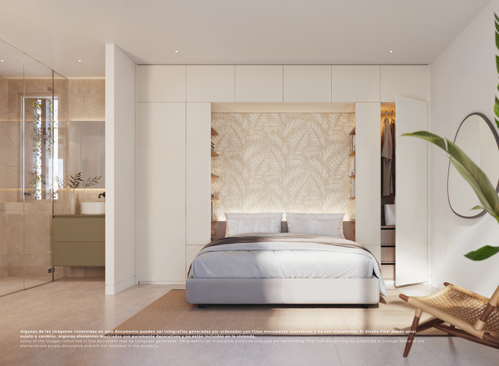 Impressie van een slaapkamer met inbouwkasten en aangrenzende badkamer in een villa op El Valle Golf Resort.