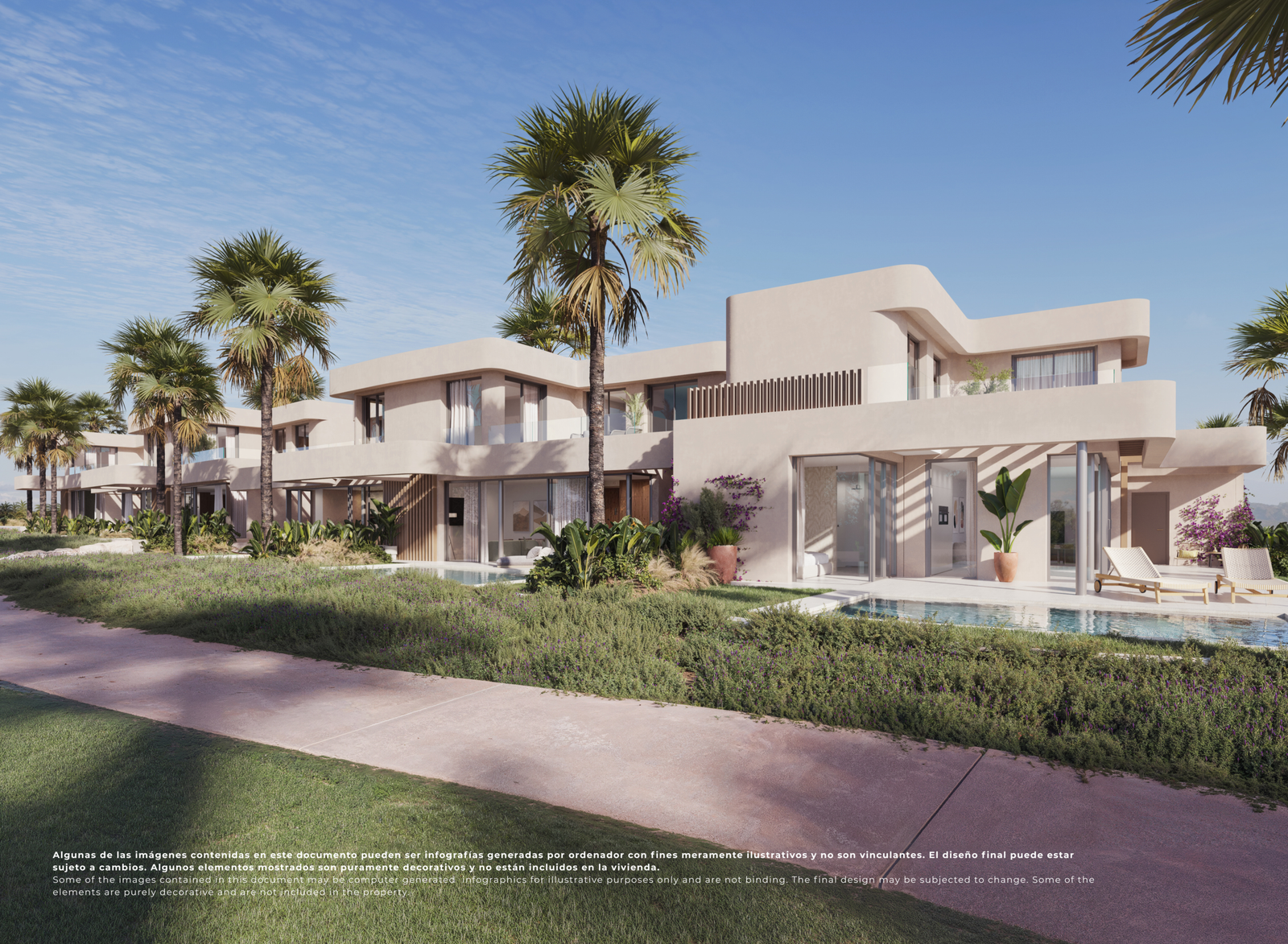 Impressie van moderne villa’s op El Valle Golf Resort met terrassen, privézwembaden en groenaanleg.