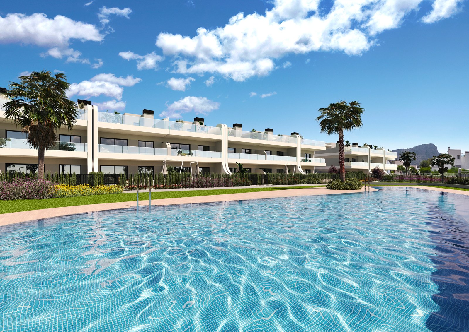 Impressie van nieuwbouw in La Manga Club met een gemeenschappelijk zwembad, groene tuinen en ruime terrassen