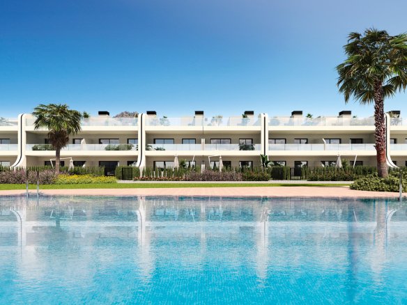 Impressie van appartementen met tuin en solarium aan het zwembad bij nieuwbouw in La Manga Club