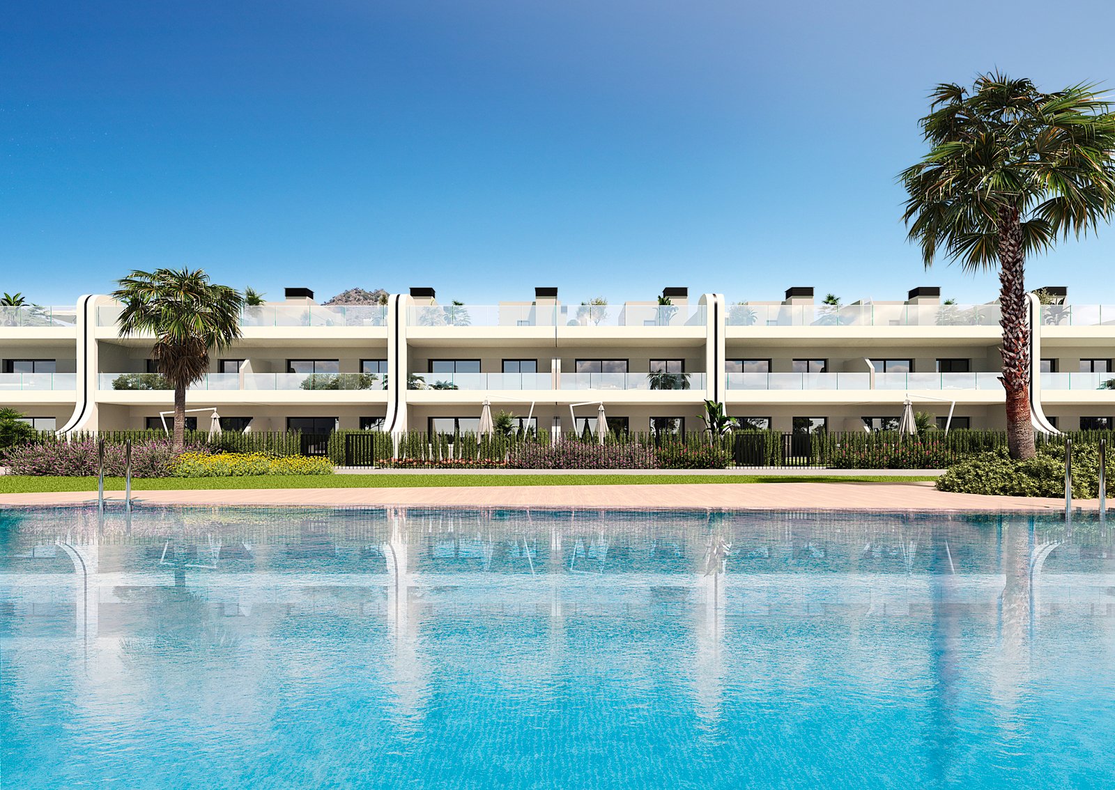 Impressie van appartementen met tuin en solarium aan het zwembad bij nieuwbouw in La Manga Club