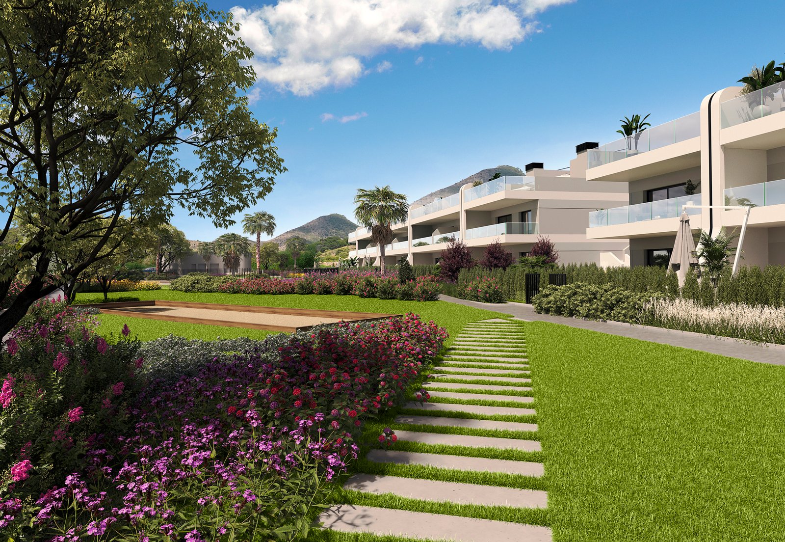 Impressie van een tuinpad tussen gazons en bloeiende borders bij nieuwbouw in La Manga Club