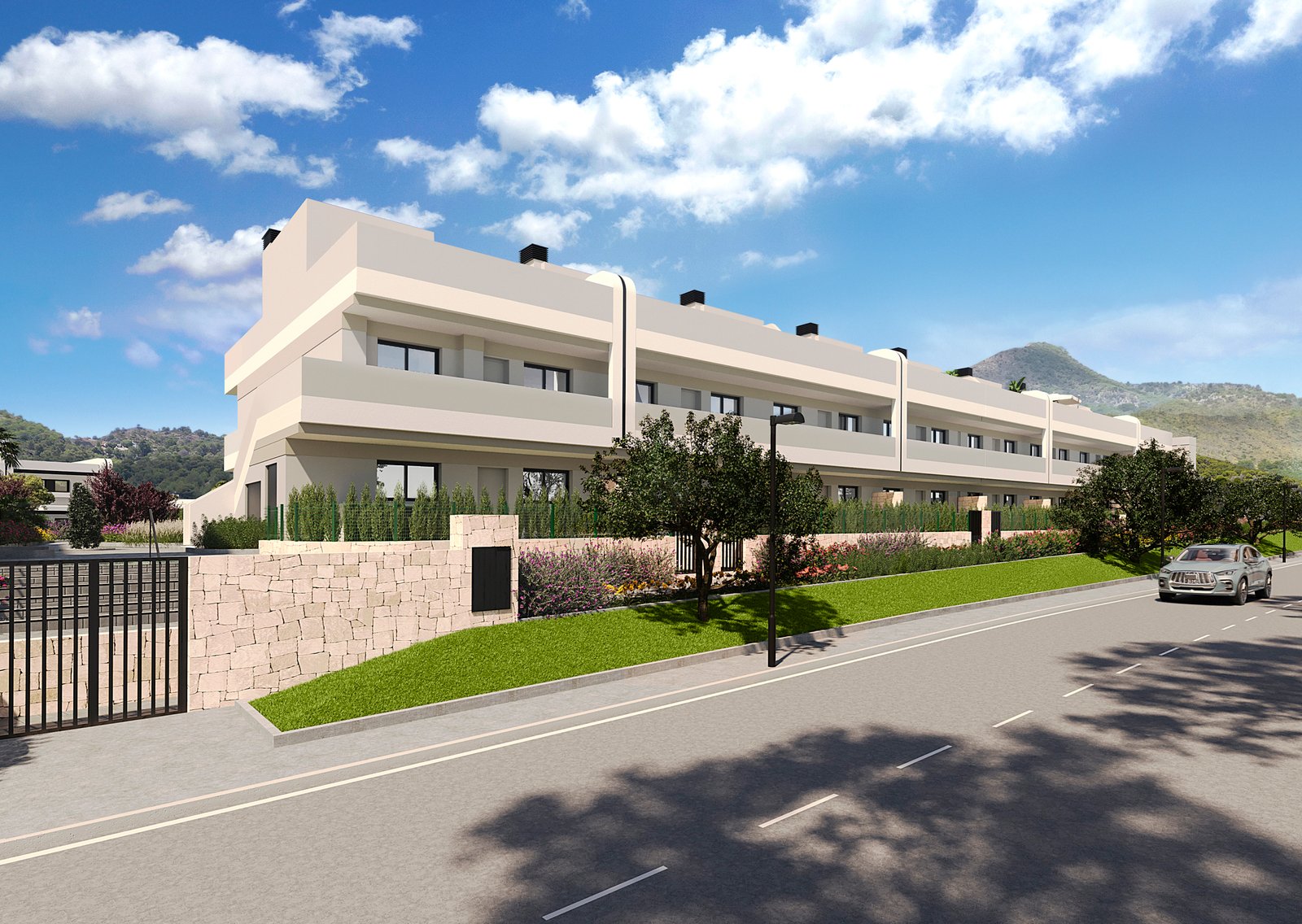 Gevelimpressie van nieuwbouw in La Manga Club met witte appartementen, glazen balustrades en omheinde tuinen