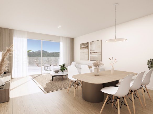 Interieurimpressie van een lichte woonkamer met eethoek en zicht op het terras bij nieuwbouw in La Manga Club
