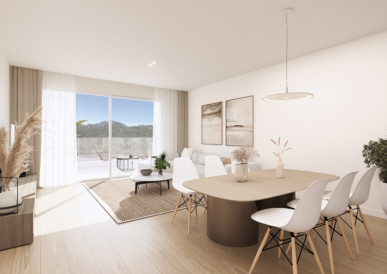 Interieurimpressie van een lichte woonkamer met eethoek en zicht op het terras bij nieuwbouw in La Manga Club