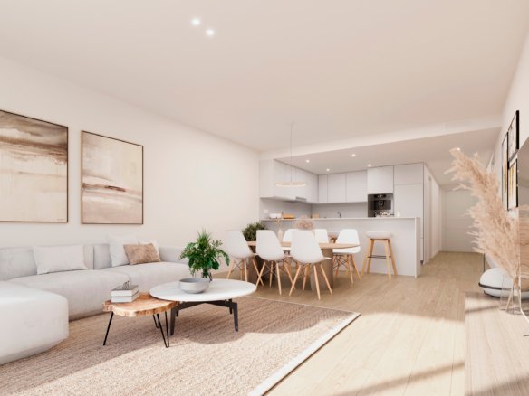 Interieurimpressie van een woonkamer met zithoek, eettafel en open keuken bij nieuwbouw in La Manga Club