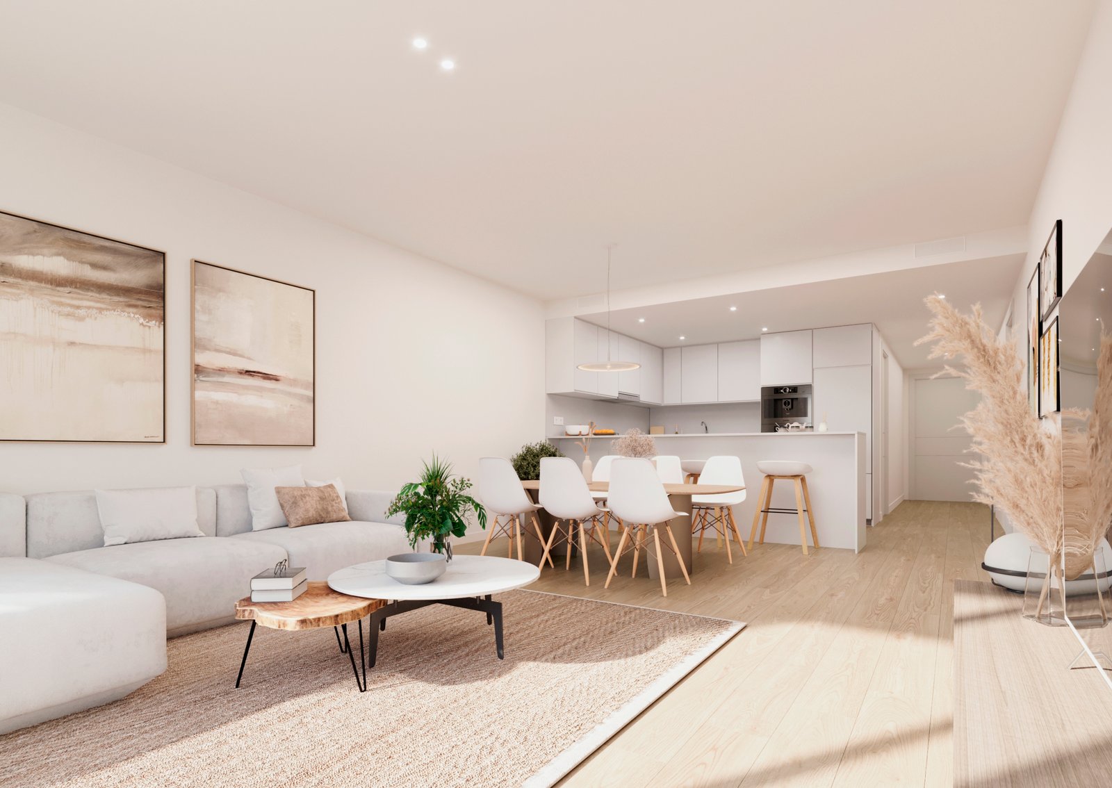 Interieurimpressie van een woonkamer met zithoek, eettafel en open keuken bij nieuwbouw in La Manga Club