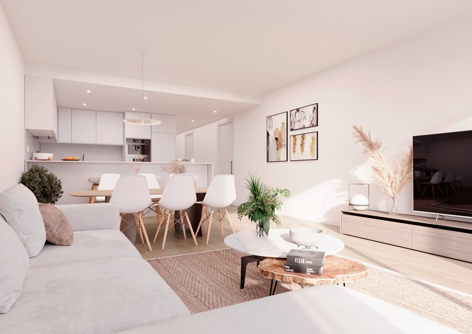 Interieurimpressie van een zithoek met tv-meubel en zicht op de open keuken bij nieuwbouw in La Manga Club