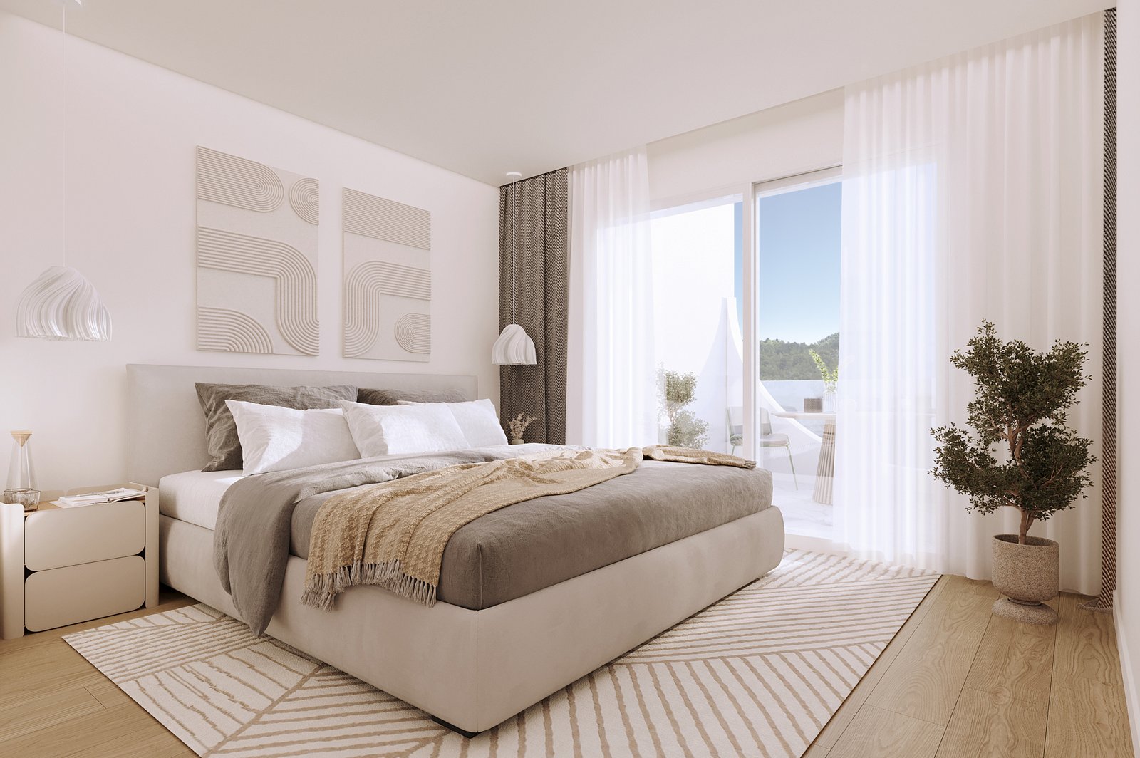 Interieurimpressie van een hoofdslaapkamer met tweepersoonsbed en kamerhoge ramen bij nieuwbouw in La Manga Club