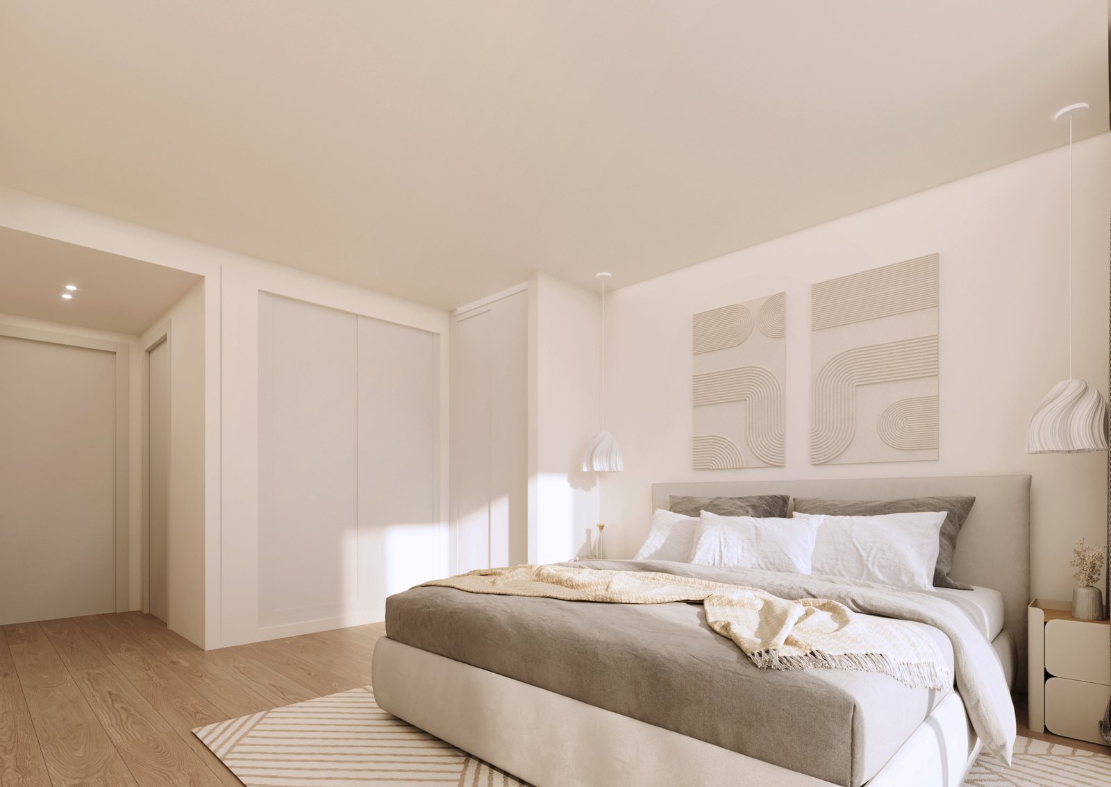 Interieurimpressie van een hoofdslaapkamer met tweepersoonsbed en witte inbouwkast bij nieuwbouw in La Manga Club