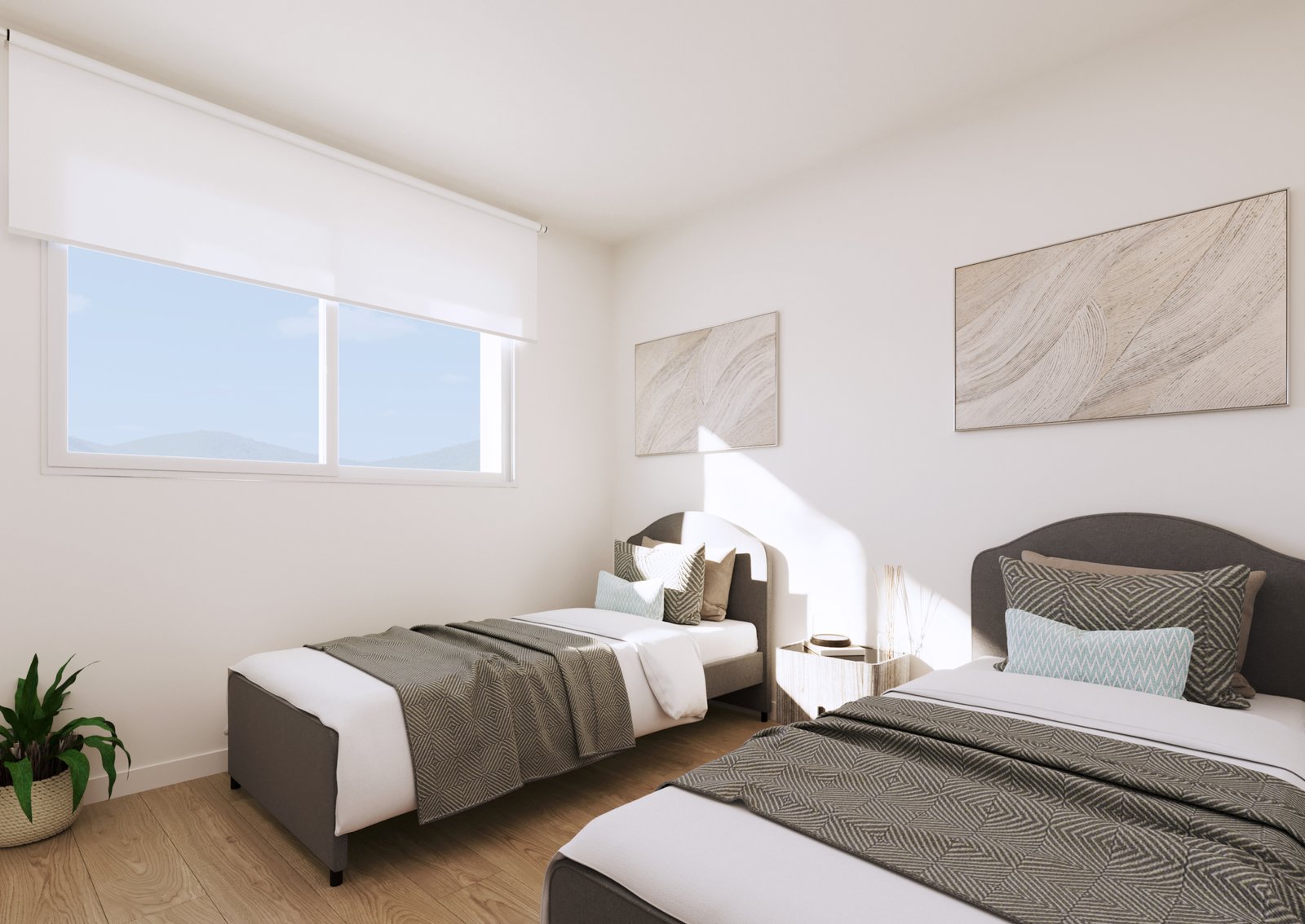 Interieurimpressie van een slaapkamer met twee eenpersoonsbedden en een breed raam bij nieuwbouw in La Manga Club