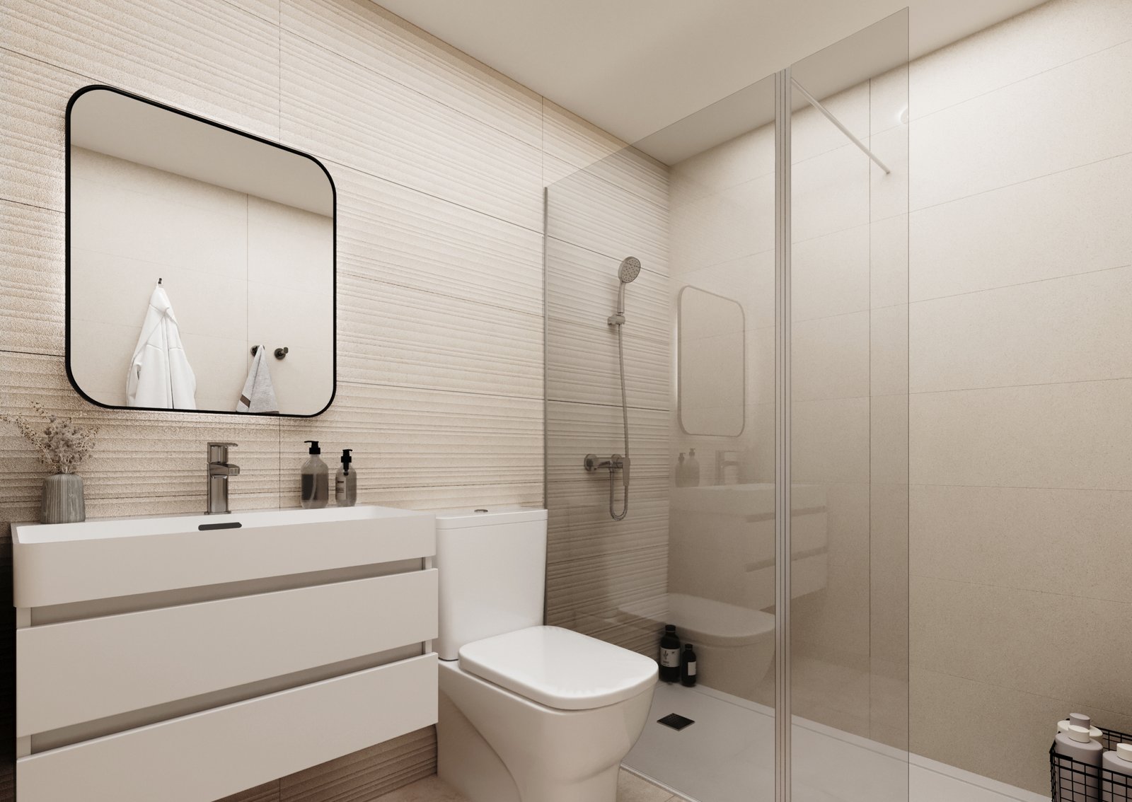 Interieurimpressie van een badkamer met glazen douchewand, wastafelmeubel en spiegel bij nieuwbouw in La Manga Club