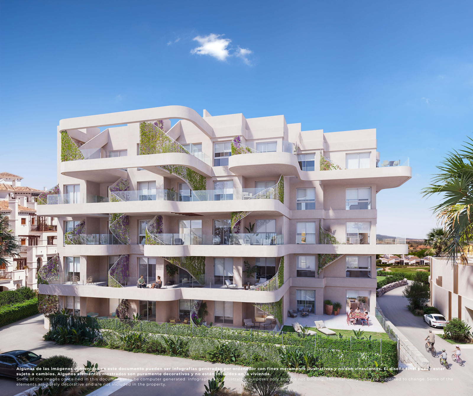 Impressie van een appartementengebouw op El Valle Golf Resort met afgeronde balkons en groene gevelaccenten.