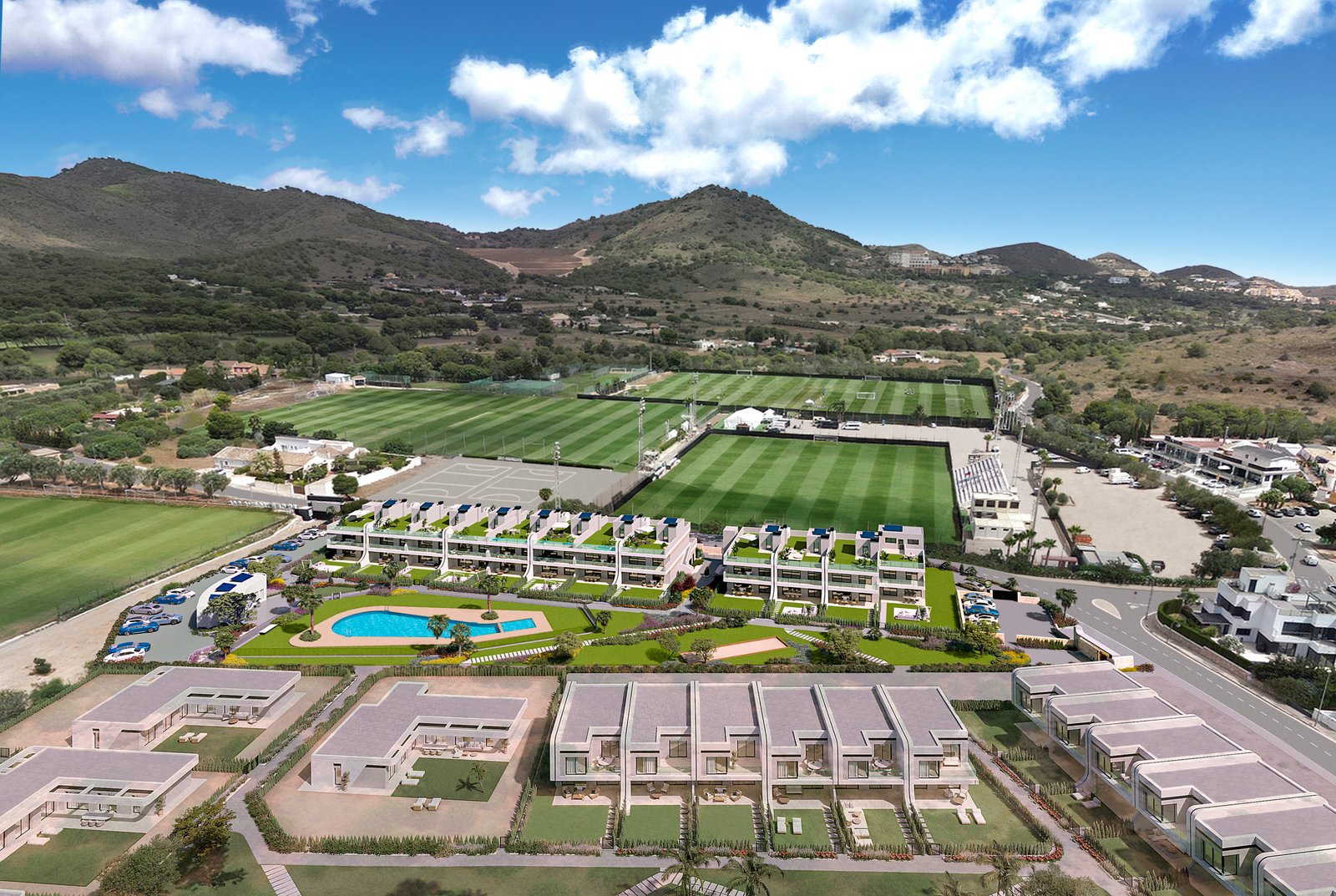 Vogelvluchtimpressie van de eerste fase nieuwbouw in La Manga Club met woningen, zwembad en omliggende heuvels