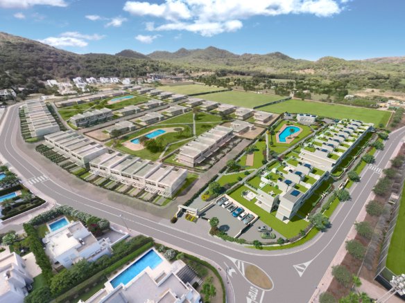 Vogelvluchtimpressie van nieuwbouw in La Manga Club met appartementen, zwembaden en tuinen tussen de heuvels