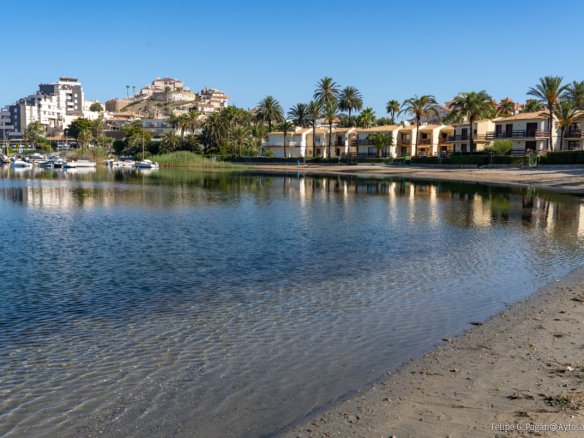 Zandstrand met rustig water, palmbomen en bebouwing aan de kust, in de omgeving van nieuwbouw in La Manga Club