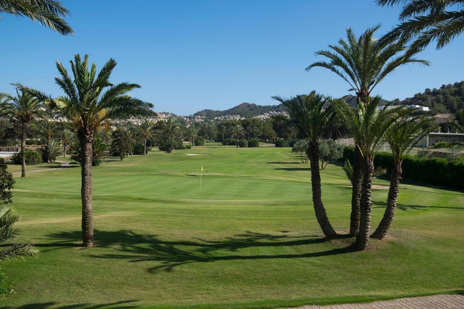Golfbaan met palmbomen en heuvels op de achtergrond, nabij nieuwbouw in La Manga Club
