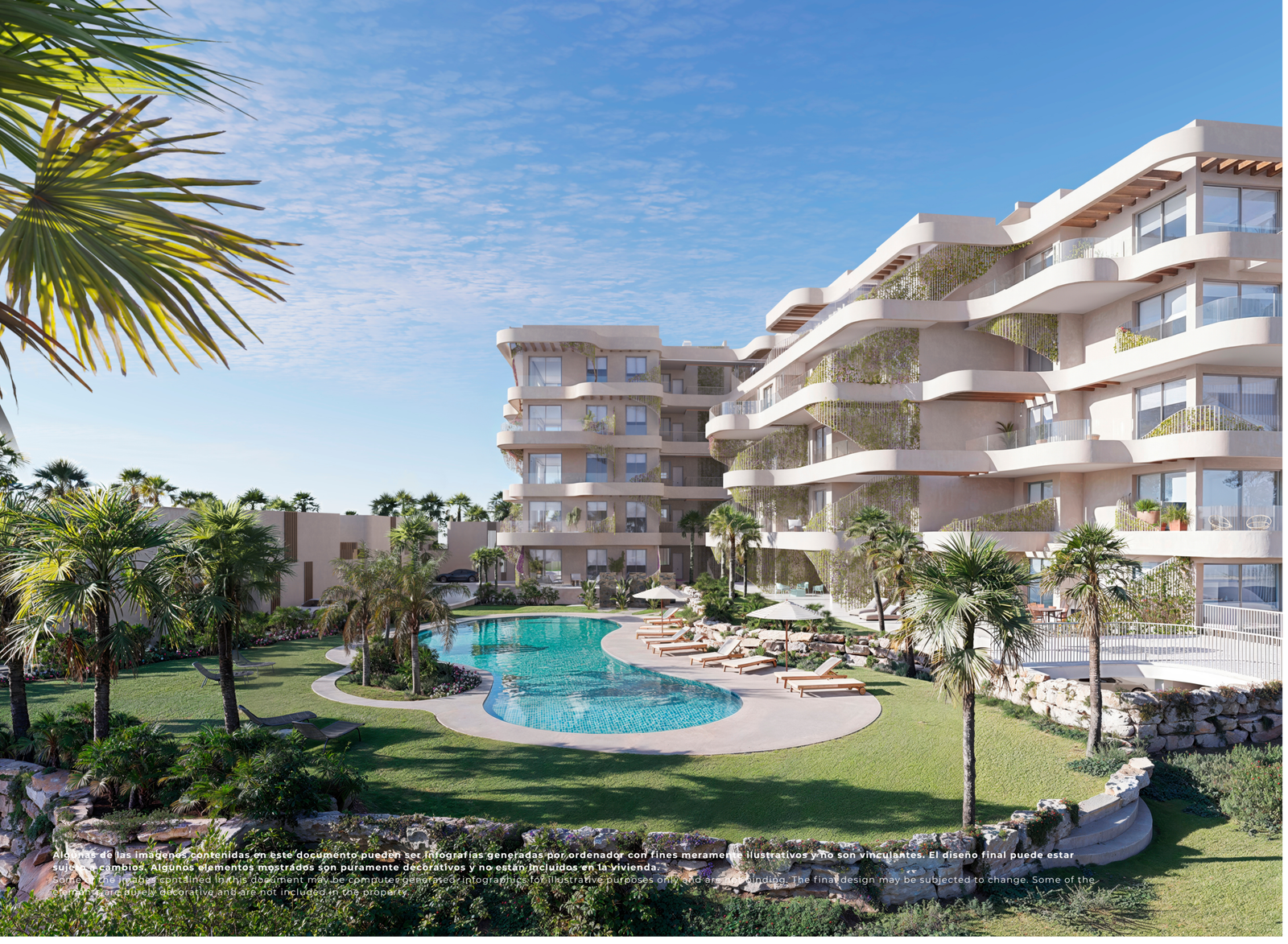 Impressie van appartementen op El Valle Golf Resort rond een gemeenschappelijk zwembad met palmbomen.