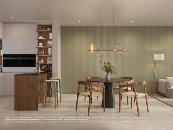 Impressie van een open eetruimte met houten keukeneiland en groene accentwand op El Valle Golf Resort.
